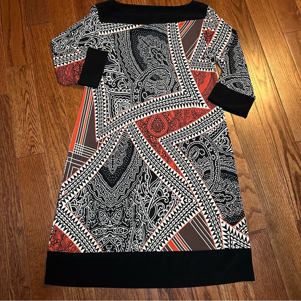 Emma & Michele Black and Orange Paisley geometric patch print dress size 8